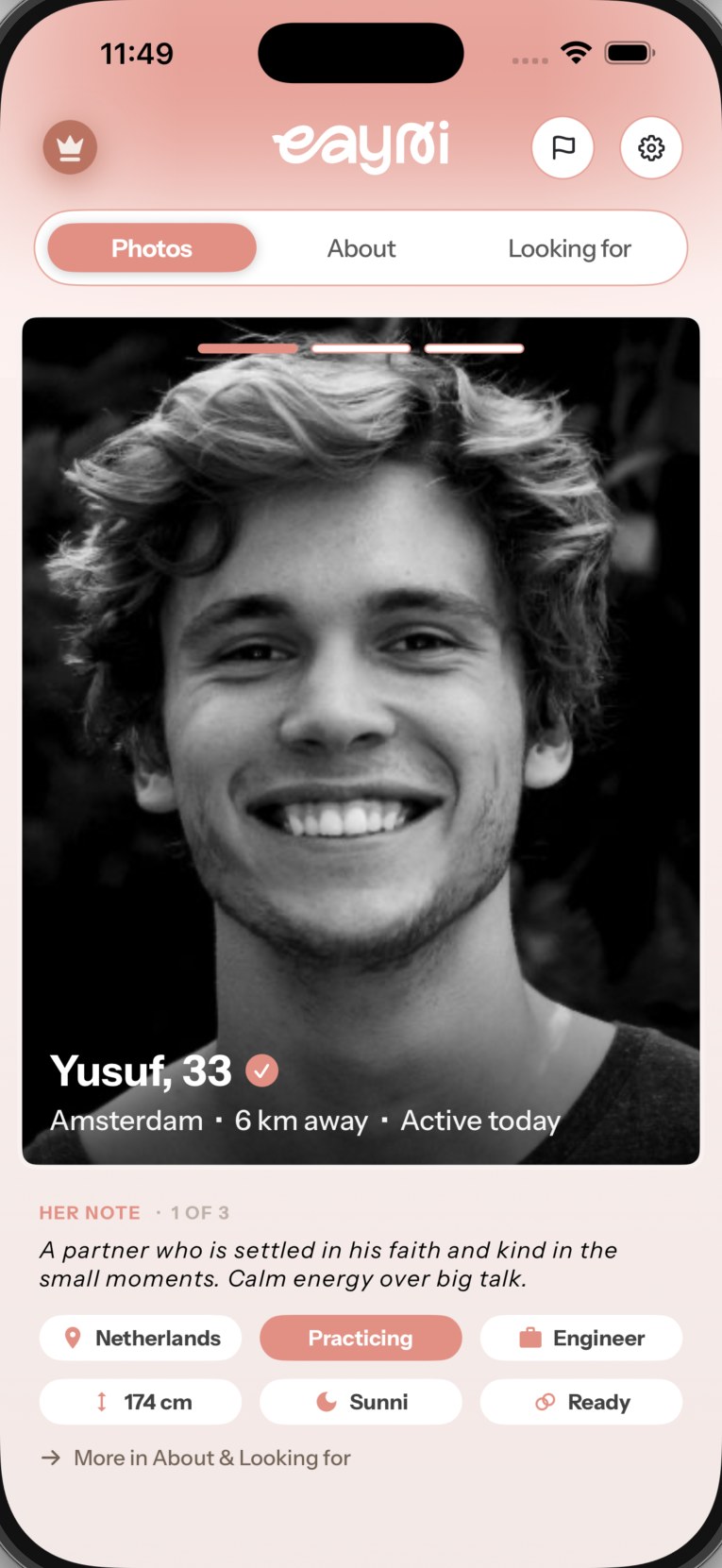 Eayni app — a member profile with verification badge and details